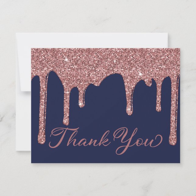 Chic Navy Blue Rose Gold Glitter Drips Thank You (Front)