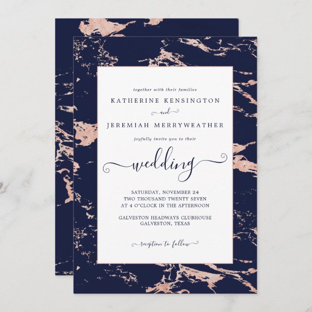 Chic Navy Blue Rose Gold Marble Wedding Invitation (Front/Back)
