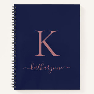 Chic Navy Blue Rose Gold Pink Monogram Name Notebook