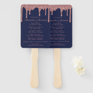 Chic Navy Blue Rose Gold Wedding Program Hand Fan