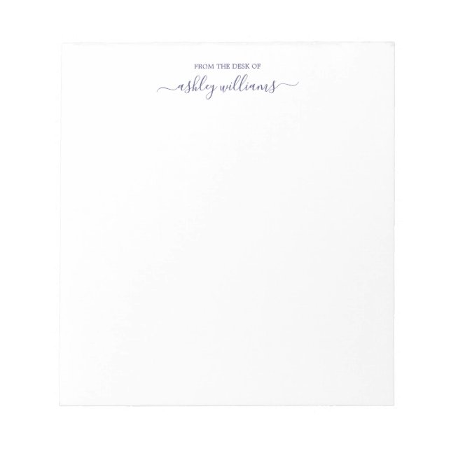 Chic Navy Blue Script From the Desk of Name Custom Notepad (Front)
