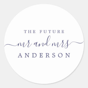 Chic Navy Blue Script Future Mr Mrs Wedding Classic Round Sticker