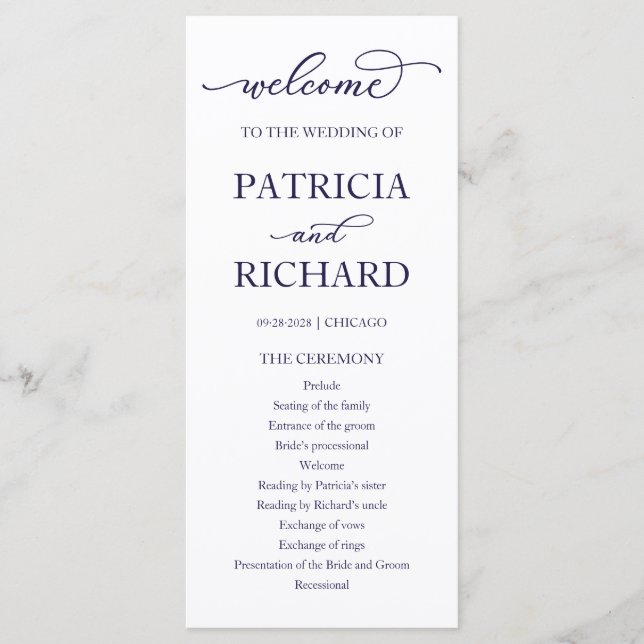 Chic Navy Blue Script Mariage programme de cérémon (Devant)
