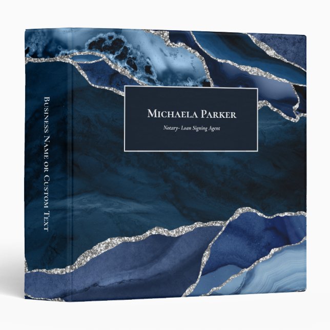 Chic Navy Blue Silver Agate Geode Professional Binder (Front/Spine)