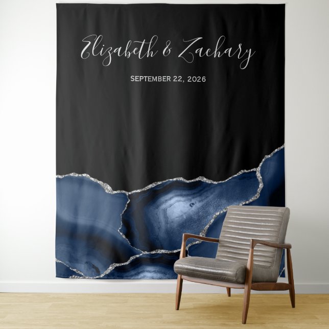 Chic Navy Blue Silver Agate Wedding Photo Booth Tapestry (In Situ)