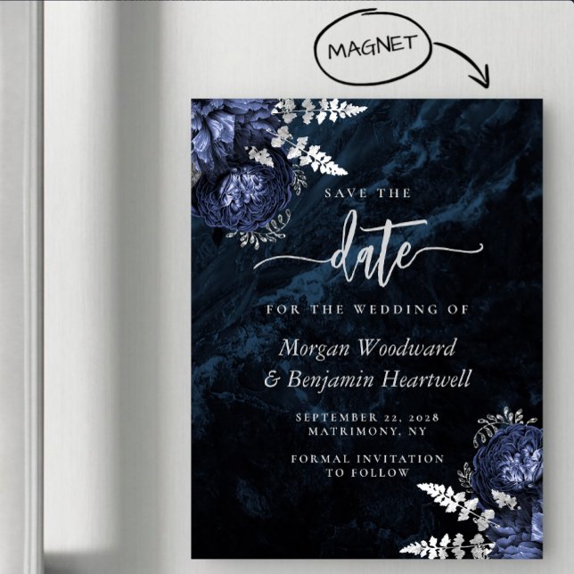 Chic Navy Blue Silver Floral Wedding Save the Date Magnetic Invitation (Creator Uploaded)