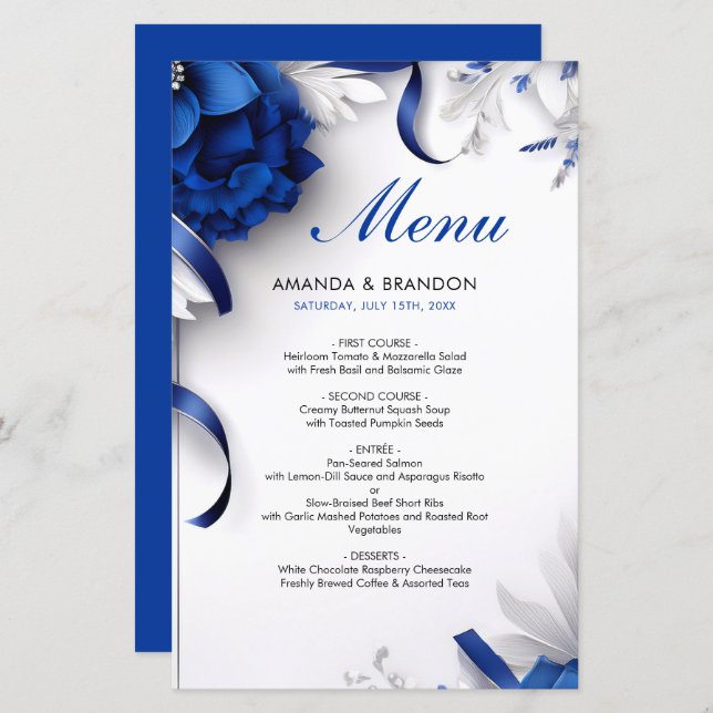 Chic Navy Blue & Silver Flowers Ribbons Wedding (Front/Back)