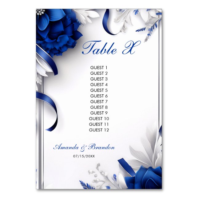 Chic Navy Blue & Silver Flowers Ribbons Wedding Table Number (Front)