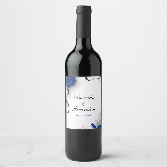 Chic Navy Blue & Silver Flowers Ribbons Wedding Wine Label (Front)