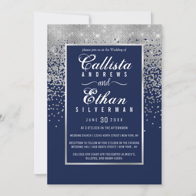 Chic Navy Blue Silver Glitter Confetti Wedding Invitation (Front)
