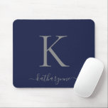 Chic Navy Blue Silver Monogram Script Mouse Pad<br><div class="desc">Modern Elegant Chic Silver Monogram Script on a luxurious navy blue mouse pad. Easy to customize with your own name and details. Perfect for your modern minimalist yet luxury lifestyle! Please contact us at cedarandstring@gmail.com if you need assistance with the design or matching products.</div>