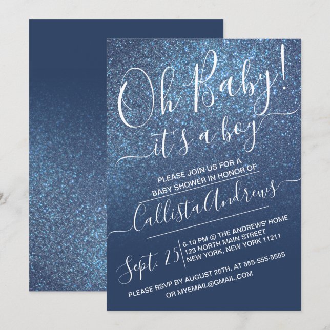 Chic Navy Blue Sparkly Glitter Ombre Baby Shower Invitation (Front/Back)