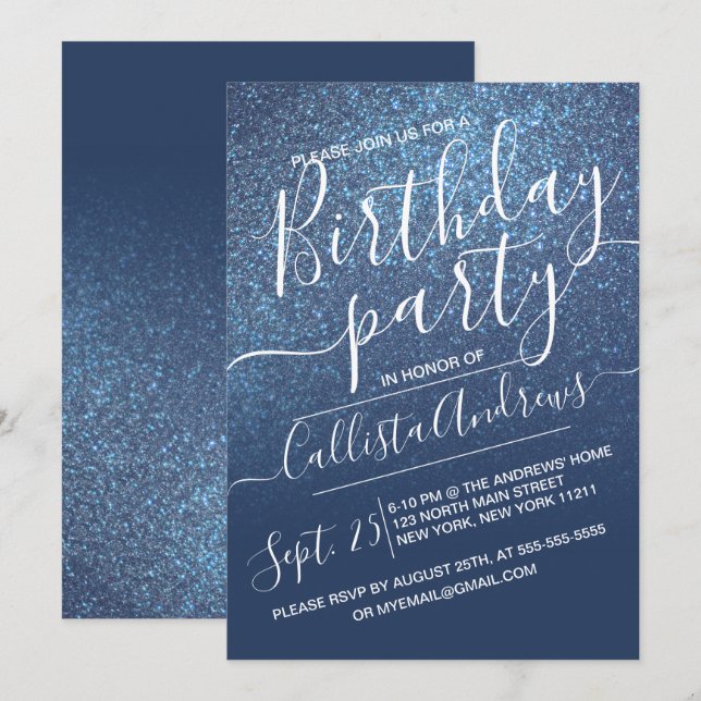 Chic Navy Blue Sparkly Glitter Ombre Birthday Invitation (Front/Back)