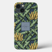 Chic Navy Blue Tropical Yellow Banana Leaf Pattern