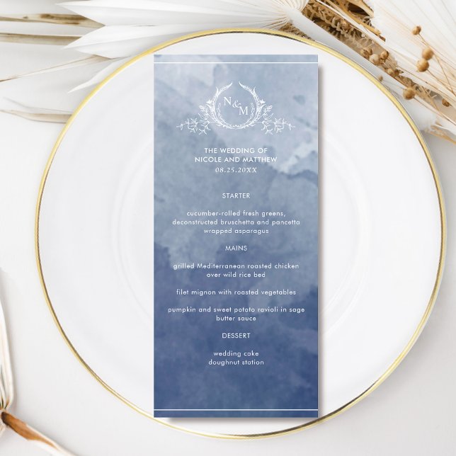 Chic Navy Blue Watercolor, Monogram Wedding Menu (Creator Uploaded)