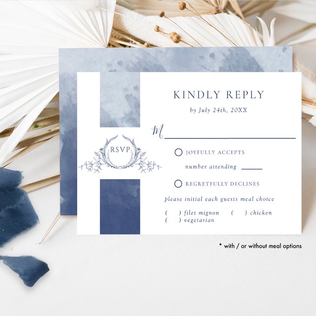 Chic Navy Blue Watercolor Wedding Monogram RSVP (Creator Uploaded)