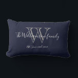Chic Navy Blue White Monogram Family Keepsake Lumbar Pillow<br><div class="desc">Chic Navy Blue White Monogram Family Keepsake Lumbar Pillow. Personalized monogram initial with your family's last name and wedding date in script lettering on a navy blue background. Makes a unique cute gift for newlyweds. Lovely for their new life together or for your family room. Click personalize this template to...</div>
