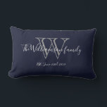 Chic Navy Blue White Monogram Family Keepsake Lumbar Pillow<br><div class="desc">Chic Navy Blue White Monogram Family Keepsake Lumbar Pillow. Personalized monogram initial with your family's last name and wedding date in script lettering on a navy blue background. Makes a unique cute gift for newlyweds. Lovely for their new life together or for your family room. Click personalize this template to...</div>