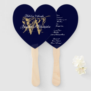 Chic Navy Blue & White Monogram Wedding Program Hand Fan