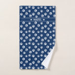Chic Navy Blue & White Paw Print Custom Dog Towel<br><div class="desc">Why use a worn out cloth to clean your dog's paws after a muddy walk? He will just be as happy to have a fashionable, trendy, personalized towel (and nobody will ever steal it again to clean up the kitchen floor)! Elegant paw print pattern with name to personalize. Main colours...</div>
