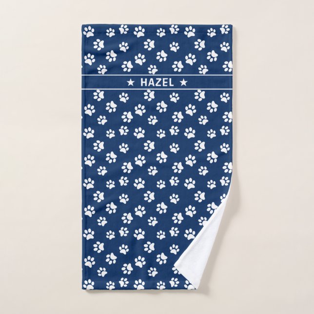 Chic Navy Blue & White Paw Print Custom Dog Towel (Hand Towel)