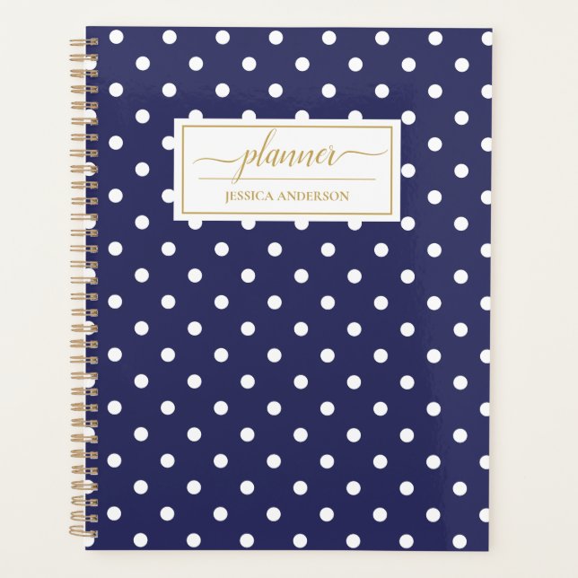 Chic Navy Blue White Polka Dots Pattern Planner (Front)