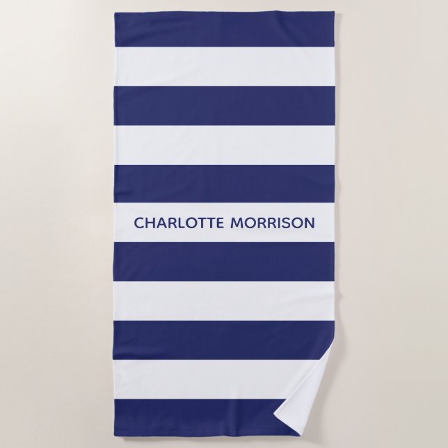 Chic navy blue white stripes custom name monogram beach towel (Front)