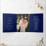 Chic Navy Blue & White Wedding Tri-Fold Programme<br><div class="desc">These beautiful programs are perfect for anyone getting married this year. The design features elegant white wording on a navy blue background, very trendy but with a timeless feel. The template wording is easy to personalise and there is also space to include your favourite photo. If you would like to...</div>