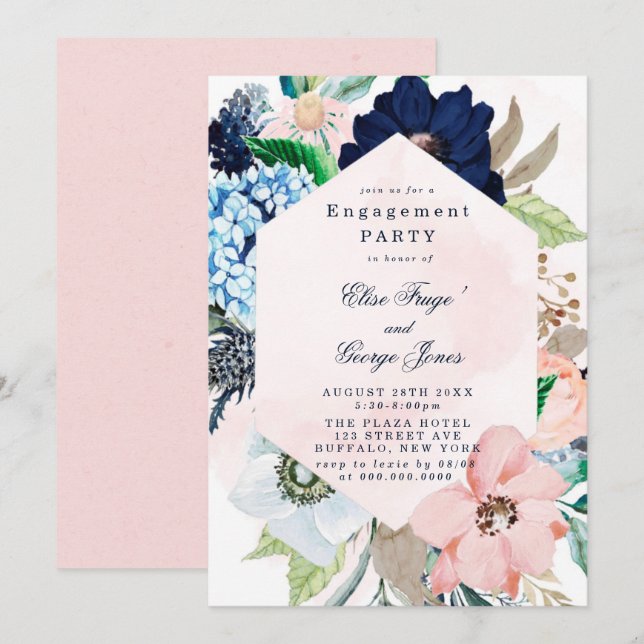 Chic Navy Blush Pink Floral Engagement Party Invitation (Front/Back)