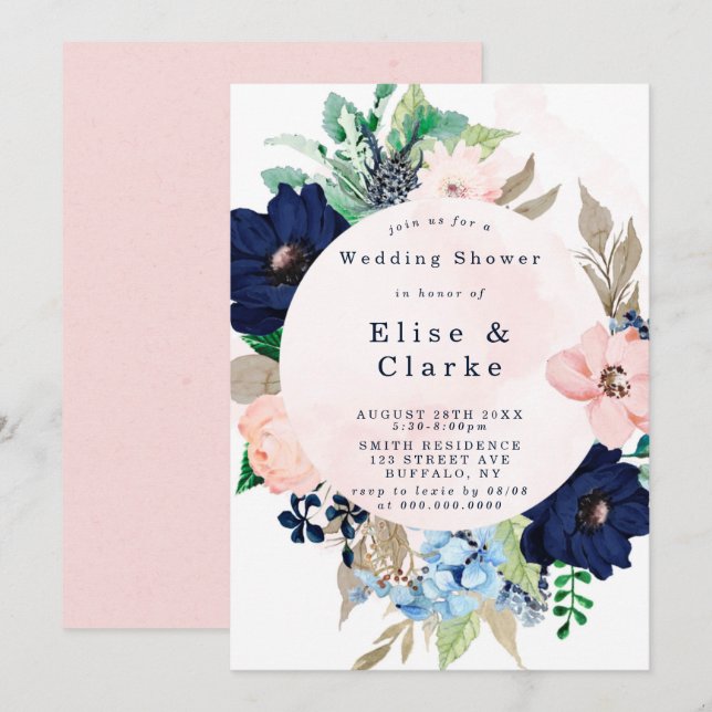 Chic Navy Blush Pink Floral Wedding Shower Invites (Front/Back)
