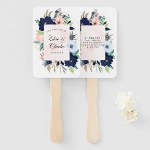 Chic Navy Blush Pink Painted Floral Wedding Thanks Hand Fan