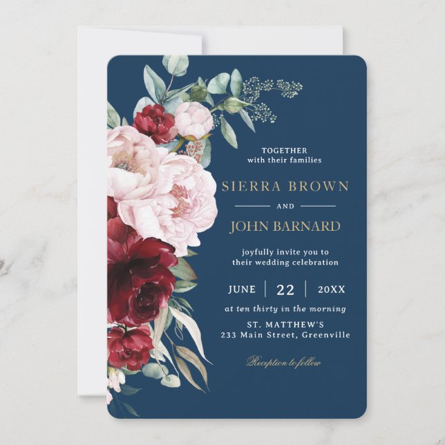 Chic Navy Burgundy Blush Peonies Floral Wedding Invitation (Front)