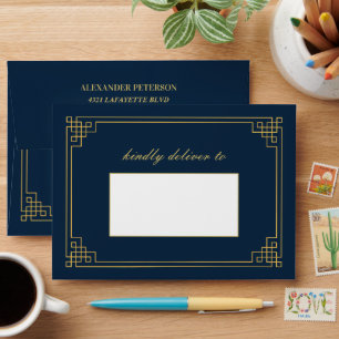 Chic Navy Gold Art Deco Birthday Personalized Envelope