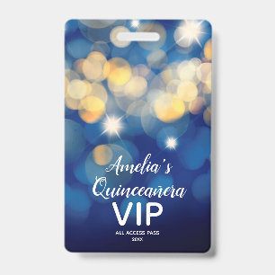 Chic Navy Gold Bokeh Quinceañera Invite VIP Pass Badge
