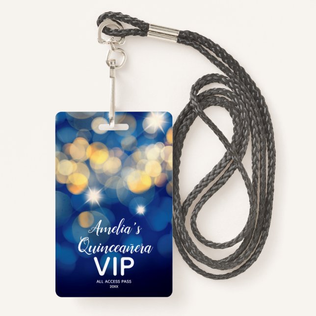 Chic Navy Gold Bokeh Quinceañera Invite VIP Pass Badge (Front with Lanyard)
