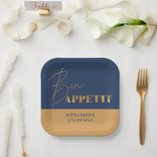 Chic Navy Gold Bon Appétit Script Birthday  Paper Plate