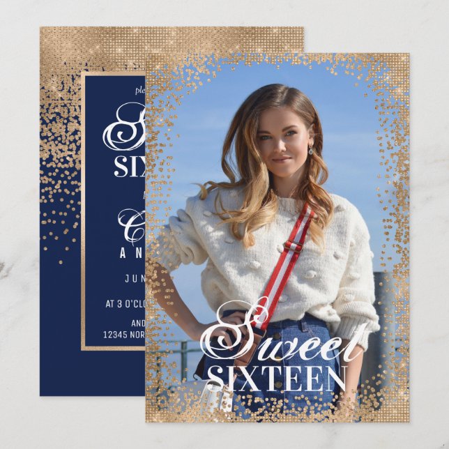 Chic Navy Gold Glitter Confetti Photo Sweet 16 Invitation (Front/Back)