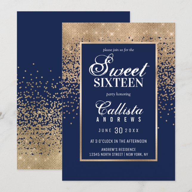 Chic Navy Gold Glitter Confetti Photo Sweet 16 Invitation (Front/Back)
