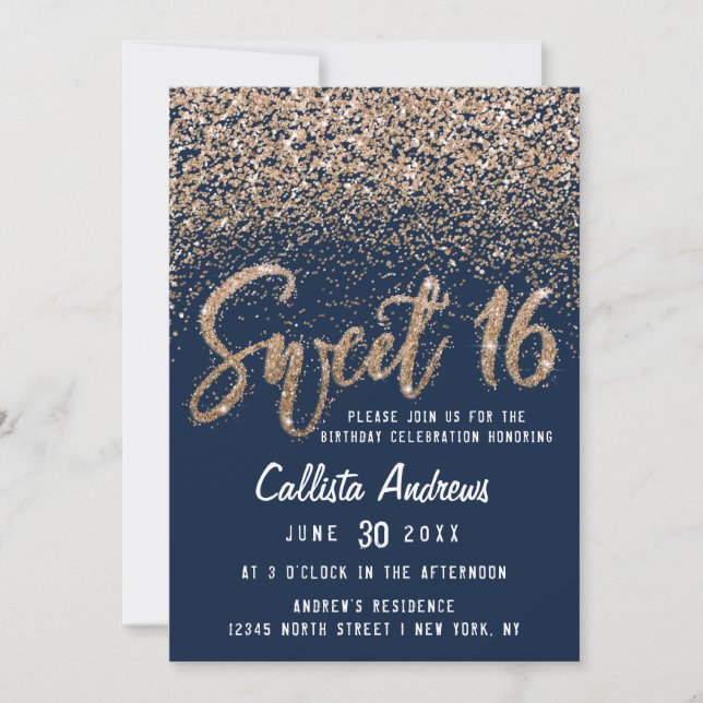 Chic Navy Gold Scattered Glitter Ombre Sweet 16 Invitation (Front)