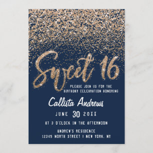 Chic Navy Gold Scattered Glitter Ombre Sweet 16 Invitation