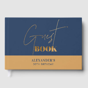 Chic Navy Gold Script Birthday Thank you Guest Book