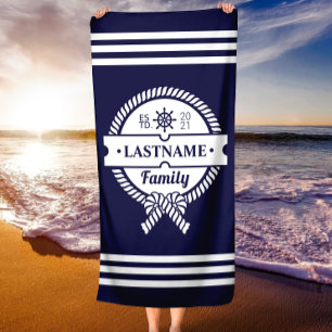 Chic Navy Nautical Rope Personalized Beach Towel