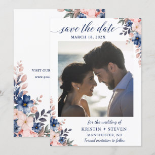 Chic Navy Peach Floral Photo Save The Date Card