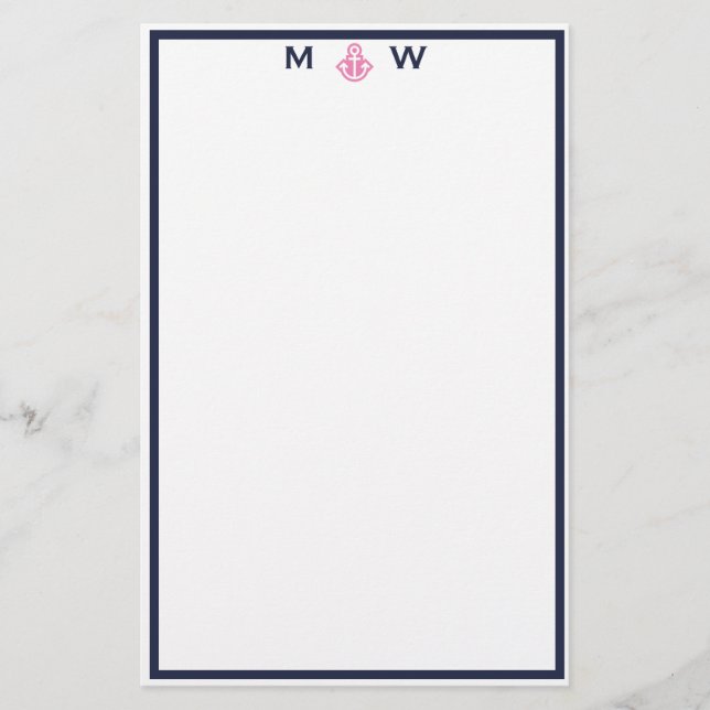 Chic Navy  & Pink Anchor Monogram  Stationery (Front)