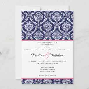 Chic Navy & Pink Damask Wedding Invitation
