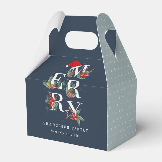 Chic Navy Red Green White Merry Christmas Foliage Favor Box (Front Side)