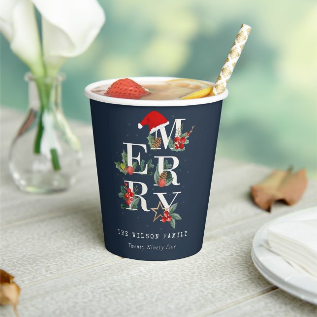 Chic Navy Red Green White Merry Christmas Foliage Paper Cups (Insitu)