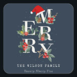 Chic Navy Red Green White Merry Christmas Foliage Square Sticker<br><div class="desc">If you need any further customisation please feel free to message me on yellowfebstudio@gmail.com.</div>