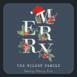 Chic Navy Red Green White Merry Christmas Foliage Square Sticker<br><div class="desc">If you need any further customisation please feel free to message me on yellowfebstudio@gmail.com.</div>