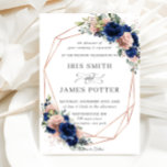 Chic Navy Rose Gold Blush Floral Wedding Geometric Invitation<br><div class="desc">This chic wedding invitation features a rose gold glitter geometric frame adorned by rustic watercolor navy blue, blush pink floral and green foliage arrangements. Personalize it with your details easily and quickly, simply press the customise it button to further re-arrange and format the style and placement of the text. (c)...</div>